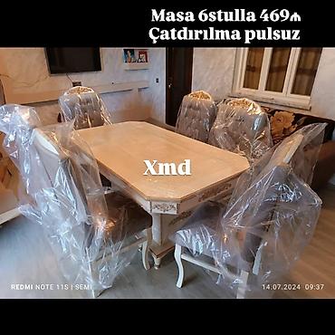 Masa və oturacaq dəstləri: Masa və 6 stul dəsti – Xmd • Komplekt: 1 yemək masası + 6 ədəd stul — 79