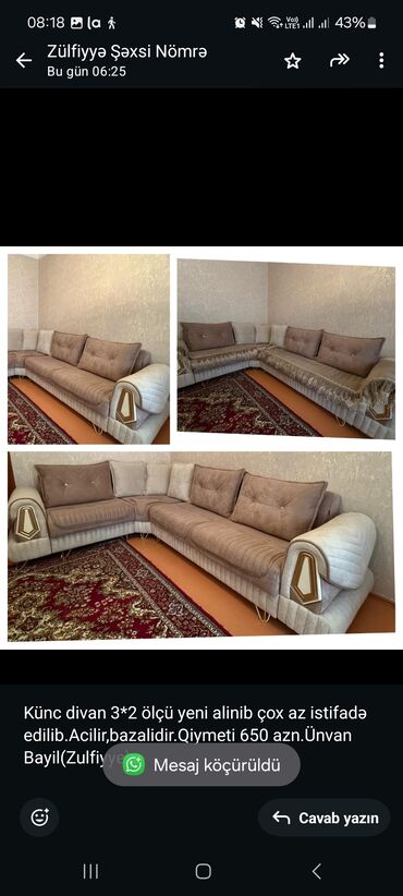 Divanlar: Künc divan, İşlənmiş, Açılan, Bazalı, Çatdırılma yoxdur