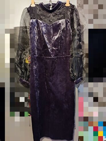 платье бархатное: Вечернее платье, Средняя модель, Бархат, С рукавами, 2XL (EU 44)