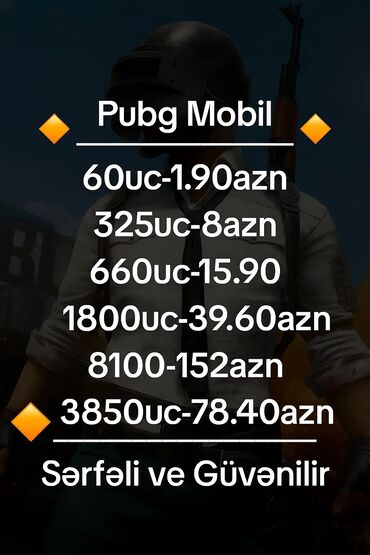 pubg controller qiymeti: PUBG Mobile üçün UC (Unknown Cash) yükləmə xidməti təklif olunur. Bu