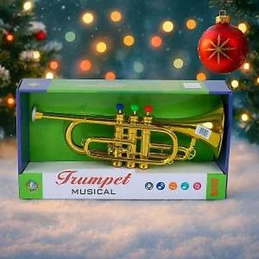Muzički instrumenti za decu: Muzička truba – dečja igračka - Sjajna zlatna truba u kutiji “Trumpet — 6