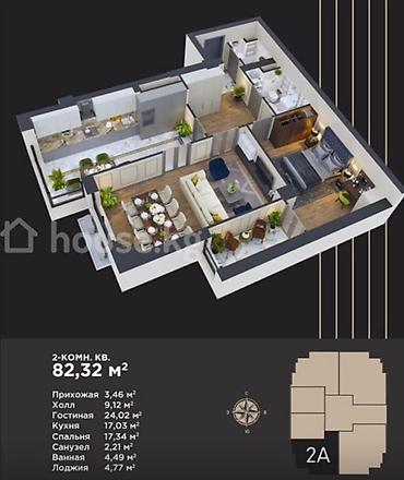 2 8: 2 комнаты, 82 м², Политех Элитка, 3 этаж, ПСО (под самоотделку) — 1