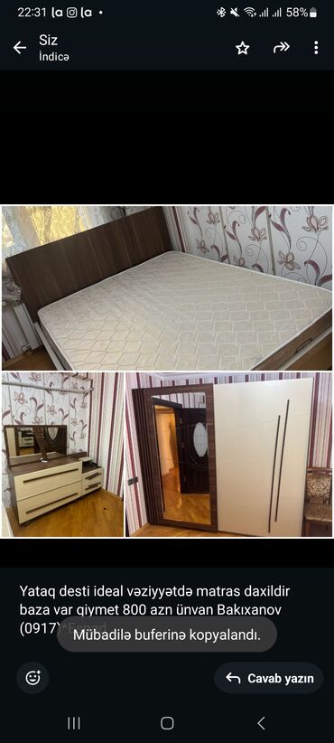 гарнитур для спальни: Yataq desti ideal vəziyyətdə matras daxildir baza var qiymet 800 azn
