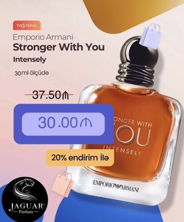 Ətriyyat: Emporio Armani Stronger With You Intensely – yağ növü ətir - Həcm: 30