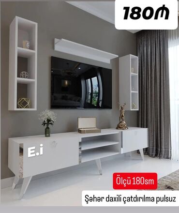 Yataq otağı dəstləri: Ağ rəngli müasir TV stendi və divar rəfləri dəsti. Xüsusiyyətlər: -