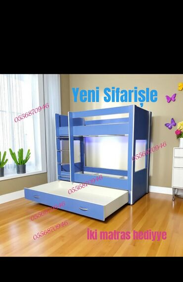 İkimərtəbəli uşaq çarpayıları: Oğlan və qız üçün, Yeni, Çarpayı, Matras ilə, Siyirməli, Laminat — 4
