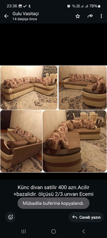 Divan və kreslo dəstləri: Künc divan, İşlənmiş, Açılan, Bazalı, Çatdırılma yoxdur