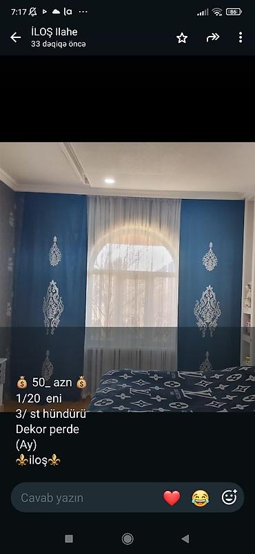 pərdələr: Dekor pərdə (Ay modeli) - Rəng: tünd mavi fon üzərində ağ ornament — 1
