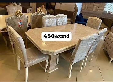 islenmis stol stullar: Yemək otağı dəsti - Dəst: 1 süfrə masası + 6 stul - Masanın forması — 1