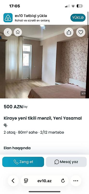 Mənzillər: Yeni yasamal 12/2 mertebesi 2 otag esyali 80kv.m menzil kiraye — 10