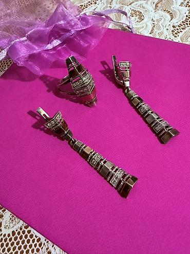 серебряные сережки: 925Комплект украшений: длинные серьги и кольцо в едином дизайне - — 2