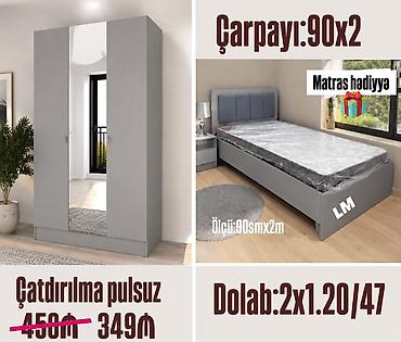 carpayllar: Boz rəngdə yataq otağı dəsti - Tək çarpayı: ölçü 90 x 200 sm — 1