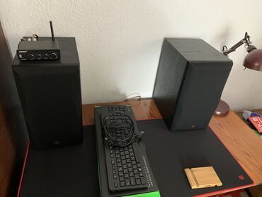 студийный конденсаторный микрофон: Пара акустических колонок JBL в черном корпусе с деревянной текстурой