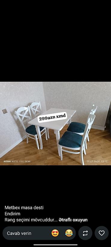 Mətbəx masa dəsti - Komlekt: 1 ədəd masa + 4 ədəd stul - Rəng: ağ