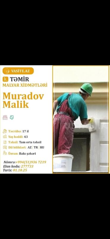 Santexnik işləri: Təmir – Malyar xidmətləri Muradov Malik tərəfindən peşəkar boya və