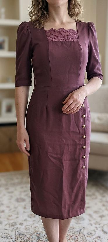 qədimi qol saati: Bənövşəyi rəngdə zərif midi don - Dizayn: Kvadrat dekolte, sinə — 1