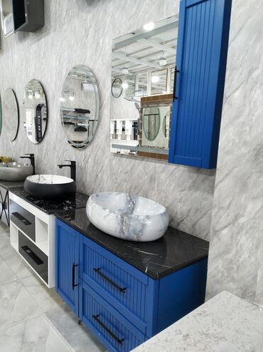 купить бу пластиковые окна: Ağ və boz rənglərdə mərmər effektli keramika lavabo, tünd rəngli
