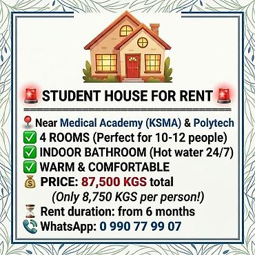 🚨 STUDENT HOUSE FOR RENT — PERFECT FOR GROUPS! 🚨 📍 Location: Great at lalafo.kg 🚨 STUDENT HOUSE FOR RENT — PERFECT FOR GROUPS! 🚨 📍 Location: Great