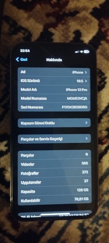 Apple iPhone: IPhone 12, 128 GB, Matte Silver, Qırıq, Barmaq izi, Face ID