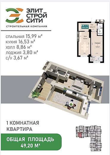 15 кв: 1 комната, 49 м², Манас-Ата мкр., Элитка, 9 этаж, ПСО (под самоотделку) — 1