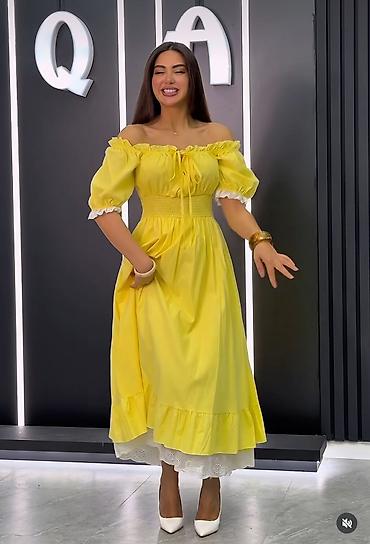 şlyapa: Sarı rəngli off-shoulder yay donu - Stil: Açıq çiyinli — 1