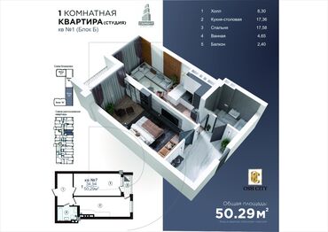 квартира цум: Курулуп жатат, Жеке план, 1 бөлмө, 51 кв. м