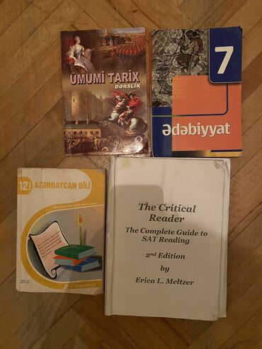 Kitablar, jurnallar, CD, DVD: Edebiyyat 7 Ümumi tarix 8 Az dili qayda kitabi SAT reading material