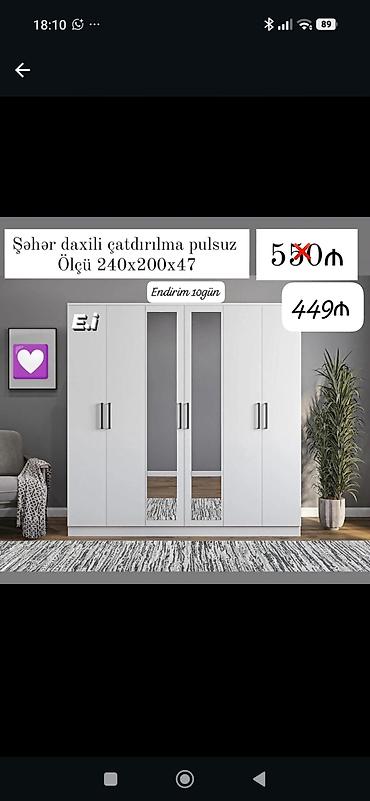 tap az saatlar: Ağ rəngli 4 qapılı şkaf – mərkəzdə 2 ədəd güzgülü qapı, rahat — 1