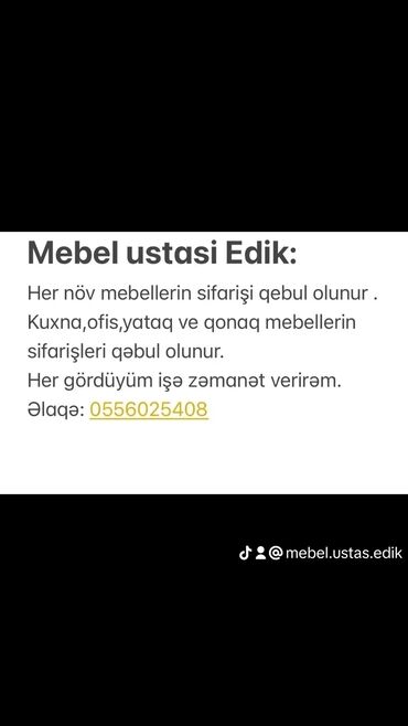 ofis işi: Mebel ustası tələb olunur, 1-2 illik təcrübə, 6/1, Aylıq ödəniş