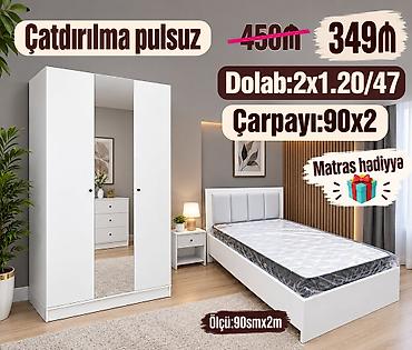 Ağ rəngdə yataq otağı dəsti - Çarpayı: 90 x 200 sm ölçü (şəkildə