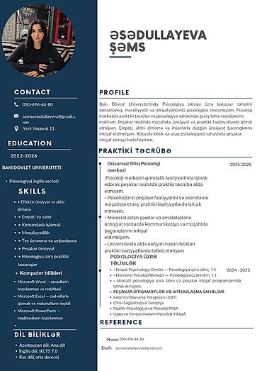 Сфера образования: Psixologiya üzrə bakalavr məzunuyam. Qüsursuz Nitq Psixoloji — 1