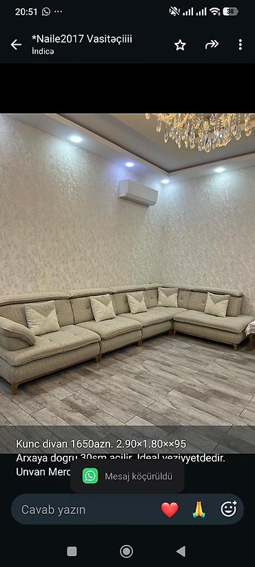 Kunc divan 1650azn. 2.90×1.80××95 Arxaya dogru 30sm acilir. Ideal