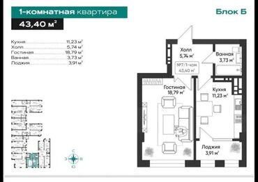 кант квартира сниму: 1 комната, 43 м², Элитка, 5 этаж, ПСО (под самоотделку)