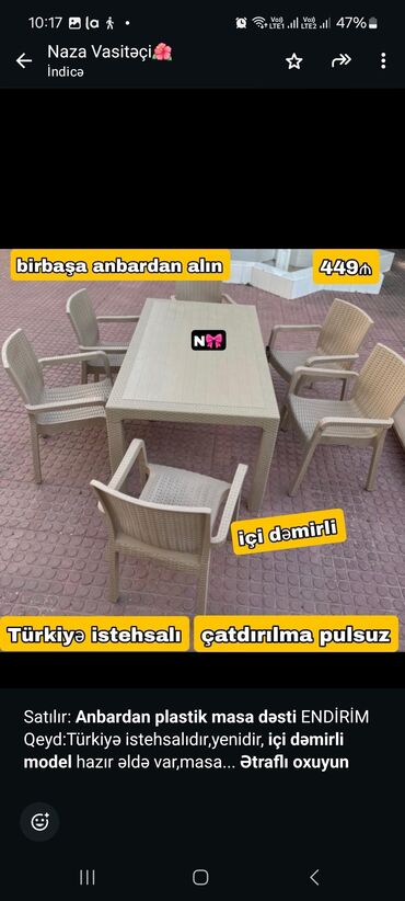 masa və oturacaq: Dördbucaq masa, 6 nəfər, Türkiyə, Zəmanətsiz