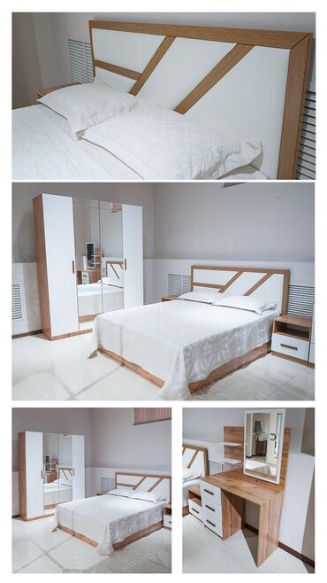 спальные шкафы: Спальный гарнитур, Двуспальная кровать, Шкаф, Комод, цвет - Белый, Новый