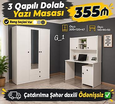 3 qapılı dolab + yazı masası dəsti - Rəng seçimi: ağ, boz, qara