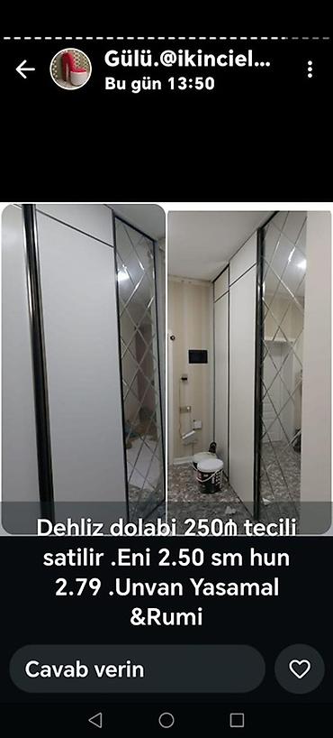 Dəhliz dolabları: Dehliz dolabı – sürüşkən qapılı, güzgülü dizayn. - Ölçülər: eni 2.50 — 1