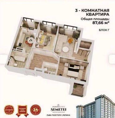 пишпек квартиры: 3 комнаты, 88 м², Элитка, 10 этаж, ПСО (под самоотделку)