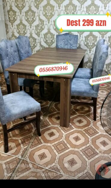 Masa və oturacaq dəstləri: Qonaq otağı üçün, Yeni, Açılmayan, Dördbucaq masa, 6 stul — 1