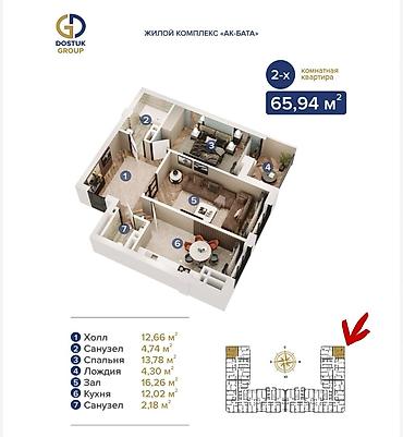 o store: 2 комнаты, 65 м², Манас-Ата мкр., Элитка, 6 этаж, ПСО (под самоотделку) — 4
