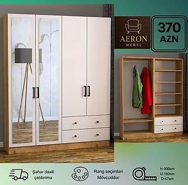 paltar skaf: Yeni, 4 qapılı, Güzgülü, Ağ, Taxta, Açılan, Düz dolab — 1