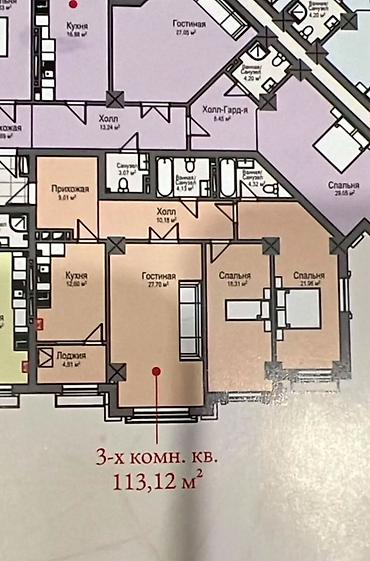 3 комнаты, 113 м², Асанбай мкр Элитка, 8 этаж, ПСО (под самоотделку)