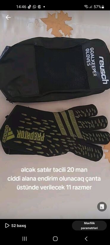 Əlcəklər: 1-2 dəfə işlənilib 11 razmerdir qiymeti 20 man çanta üstündə hədiyyə
