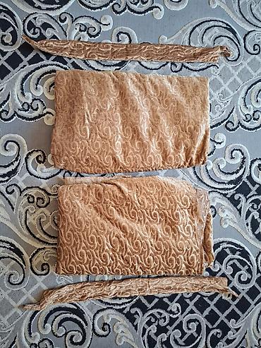 salon işığı: Qızılı-bej rəngdə naxışlı pərdə dəsti - Material: yumşaq, məxməri — 1