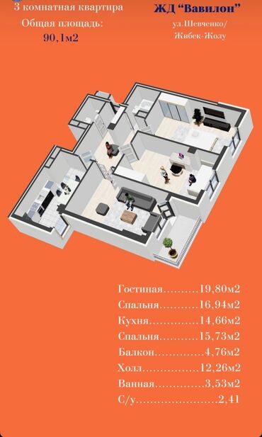 Продажа квартир: 3 комнаты, 90 м², Элитка, 5 этаж, ПСО (под самоотделку)