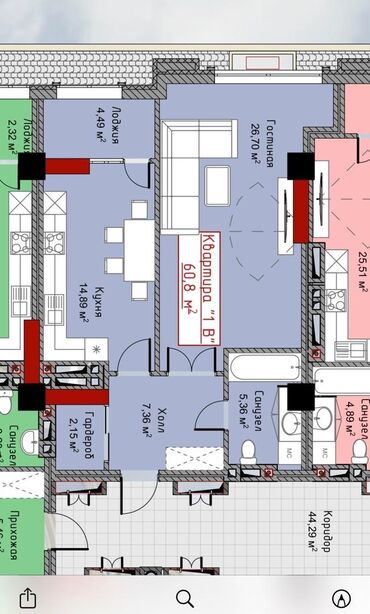 1 комнатная квартира 6000: 1 комната, 61 м², Элитка, 5 этаж, ПСО (под самоотделку)