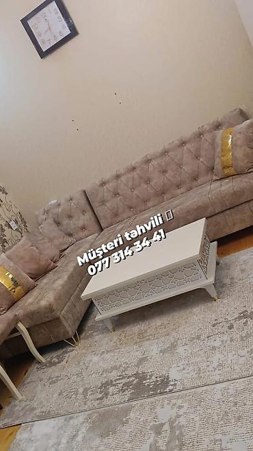 Divan və masa dəstləri: Künc divan və jurnal masası dəsti - Zərif dizaynlı, düyməli kapitonaj — 2