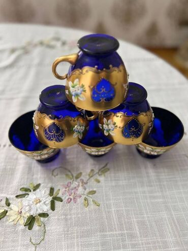 kurkler ve qiymetleri: Çay dəsti, rəng - Göy, Kobalt, Bohemia, 6 nəfərlik, Çexiya