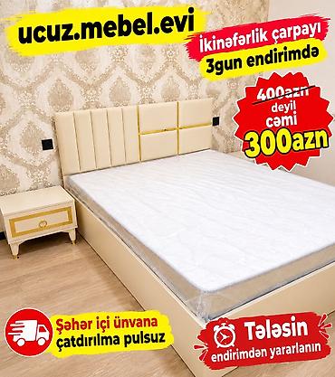 İkinəfərlik çarpayı – zərif krem rəngdə, yumşaq başlıqlı dizayn