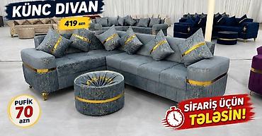 raf ütü qiyməti: Künc divan dəsti - Model: Künc divan + pufik - Rəng: Mavi-boz mərmər — 1